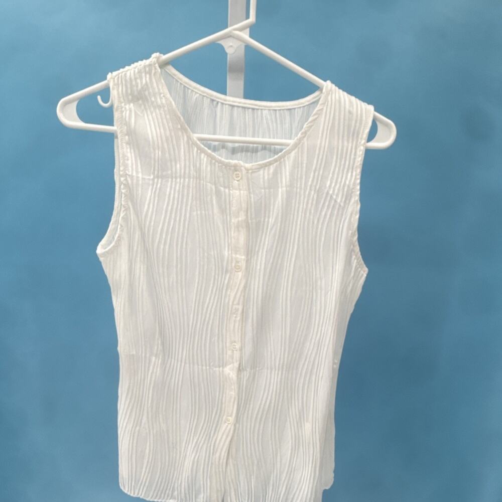 Women's White Crew Neck Button Front Ribbed Tank Top Sleeveless N5G204 Size M